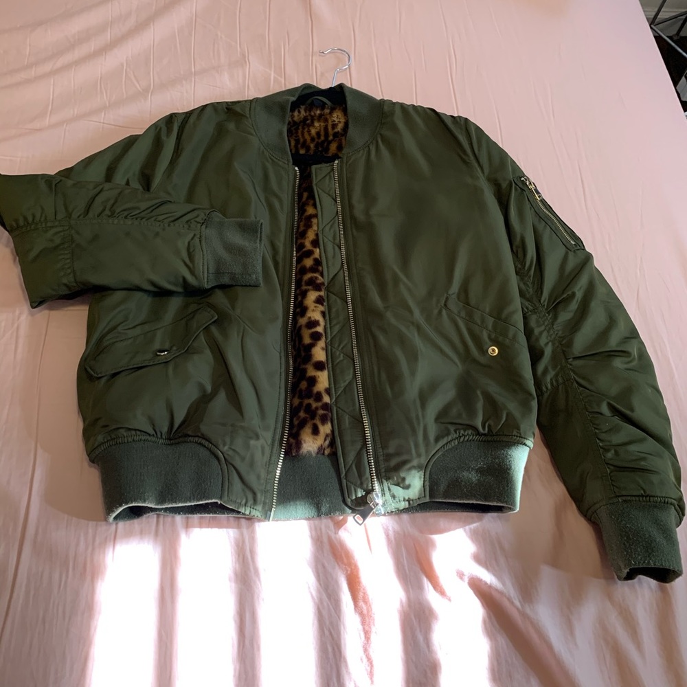 Topshop bomber jacket with leopard faux fur lining